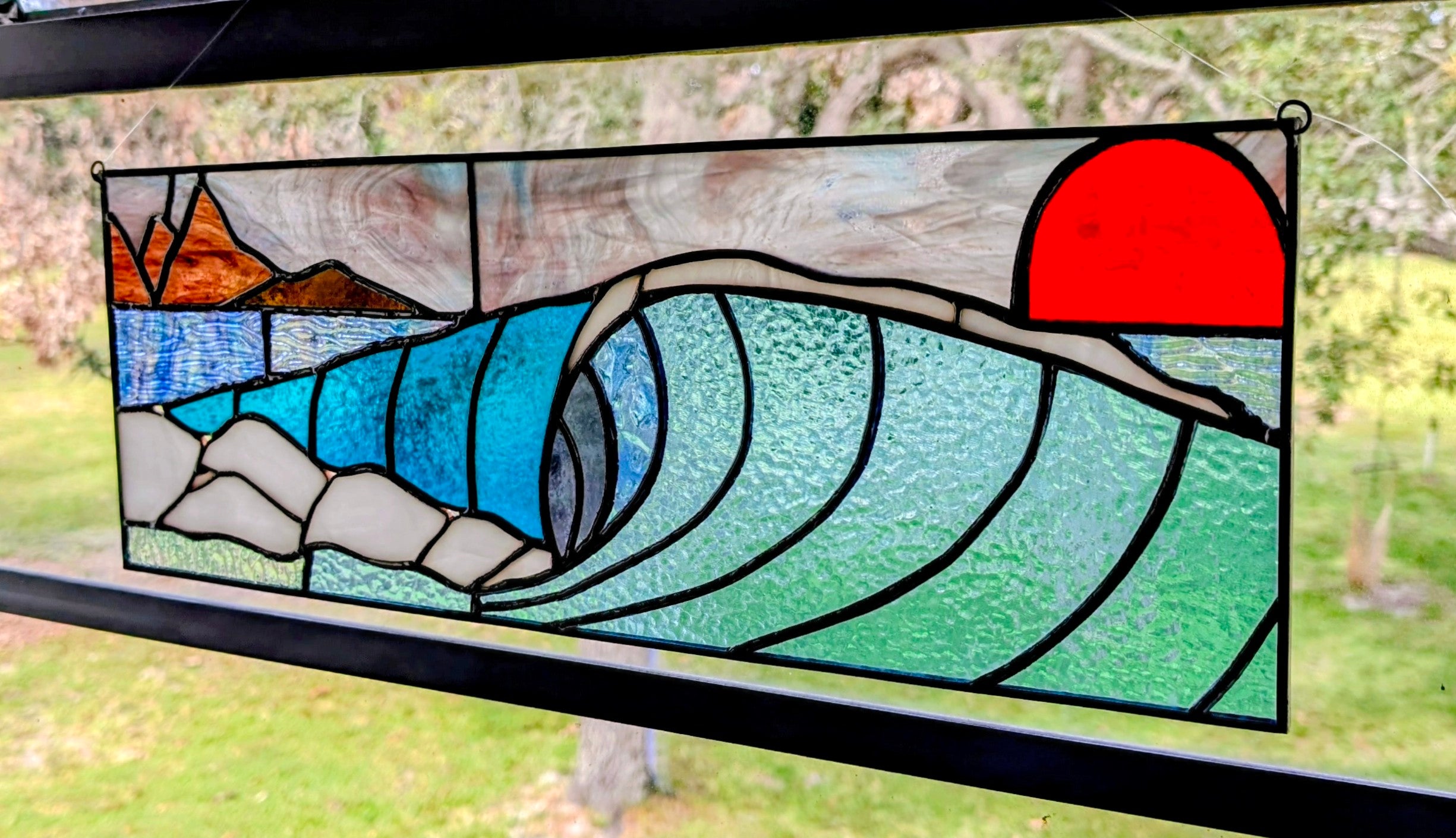 Handmade Stained Glass Ocean Wave Window Panel - Sunset Seascape Landscape Wall Art - 21x8 Luxury Coastal Beach House Decor