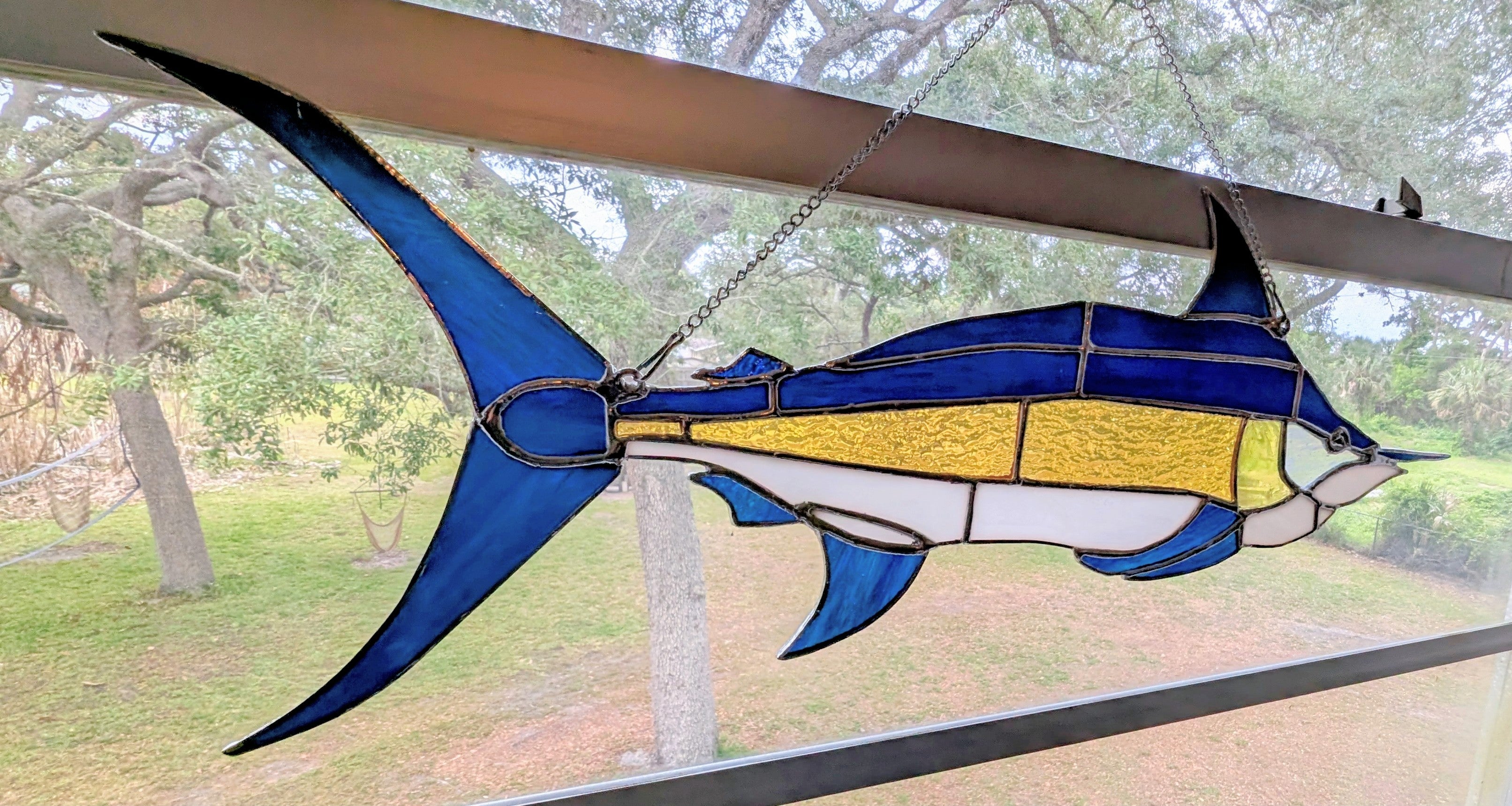 Large Stained Glass Marlin Suncatcher, Offshore Sportfishing Wall Art, Deep Sea Fisherman Gift for Men, Coastal House Decor (25x9)