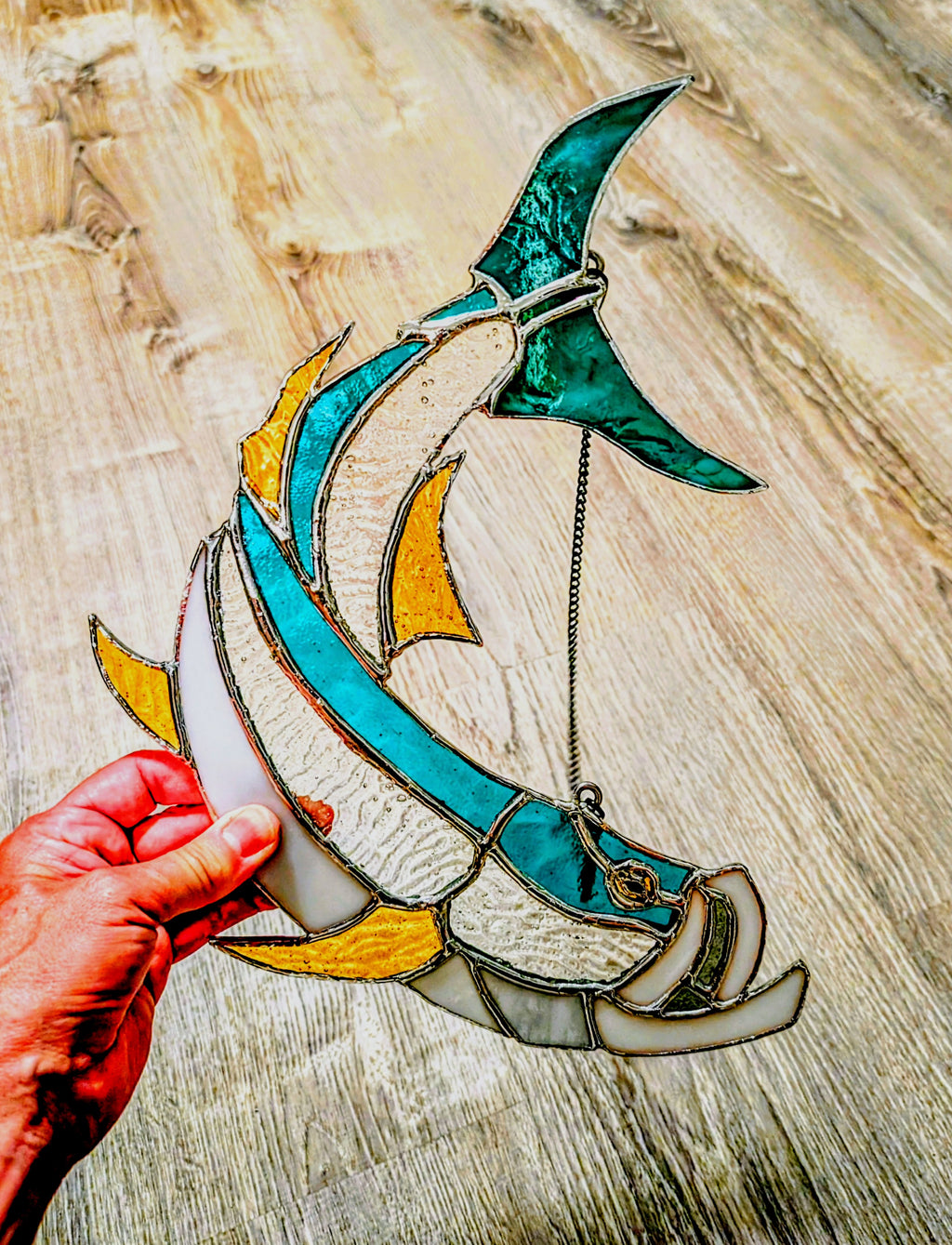 Stained Glass Tarpon Fish Suncatcher, Sportfishing Gift for Men, Coastal Beach House Window Decor, Florida Fly Fishing Art Panel (12W x 13H)