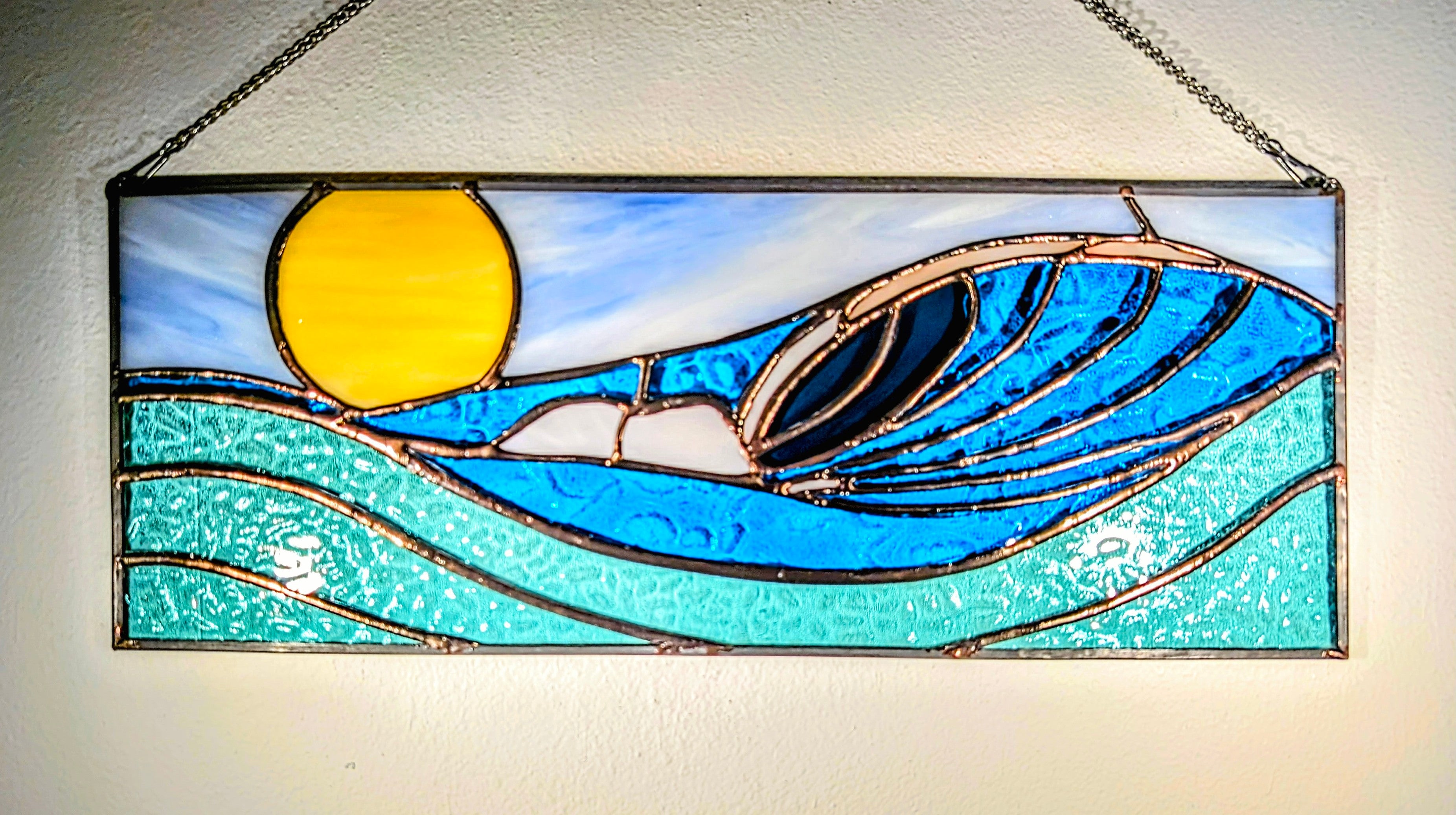 Handmade Stained Glass Ocean Wave Window Panel - Sunset Seascape Landscape Wall Art - 16x7 Luxury Coastal Beach House Decor