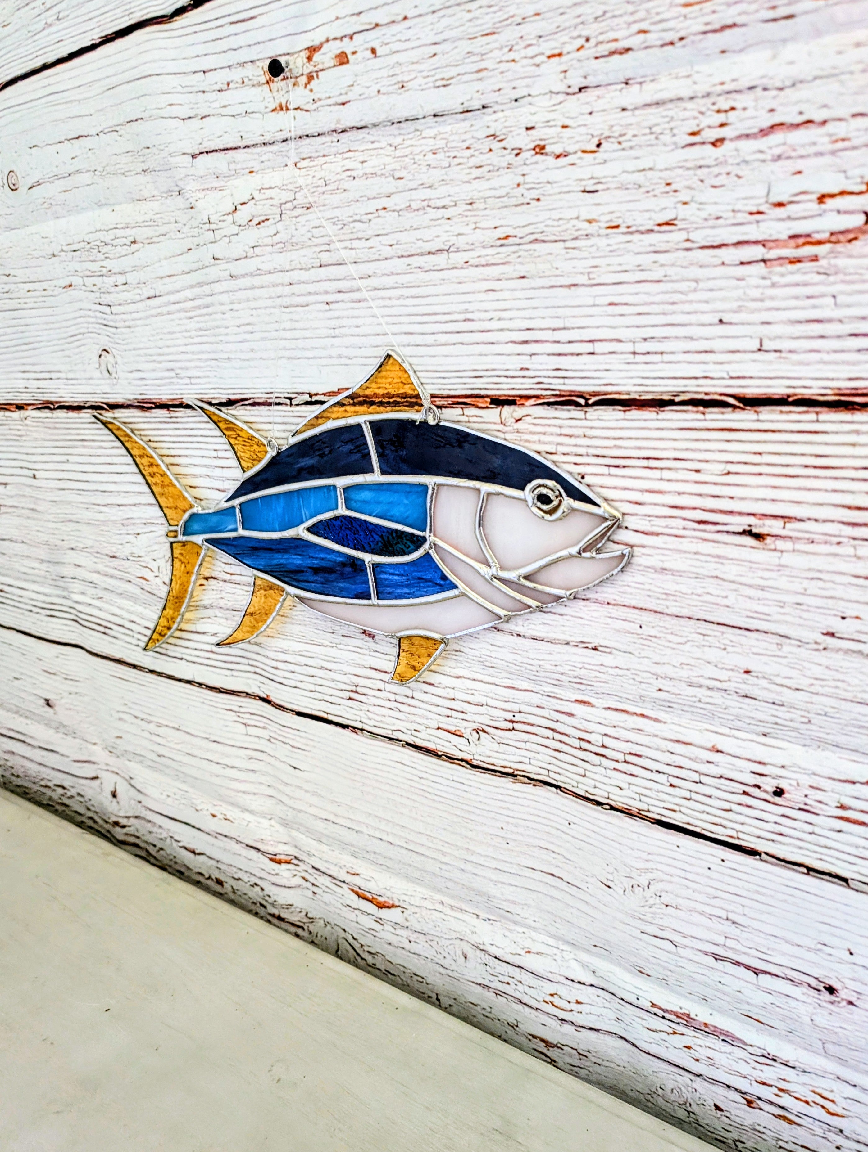 Yellowfin Tuna Stained Glass Suncatcher, Handmade Fishing Wall Art, Ahi Tuna Decor, Fisherman Gift, Coastal Beach House Decor, 17 x 7