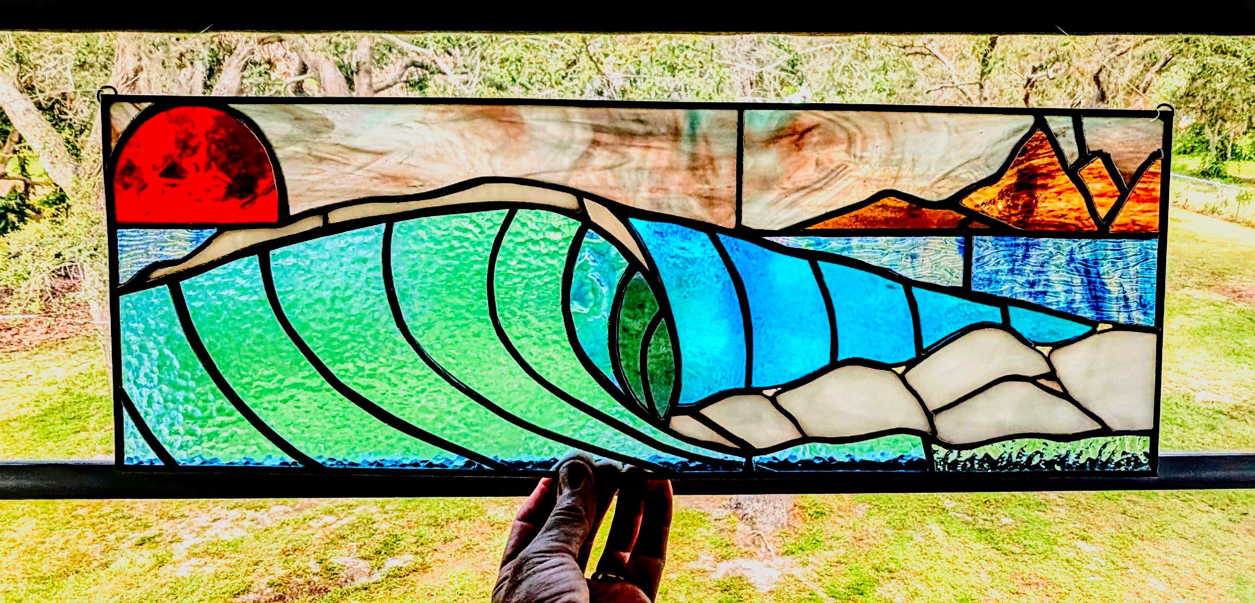 Handmade Stained Glass Ocean Wave Window Panel - Sunset Seascape Landscape Wall Art - 21x8 Luxury Coastal Beach House Decor