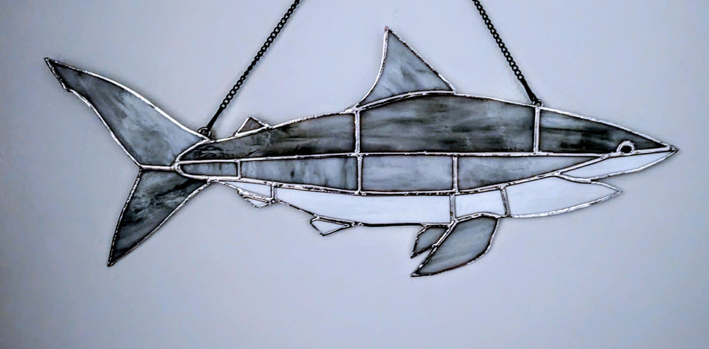 Stained Glass Mako Shark Suncatcher, Saltwater Fishing Gift, Modern Beach House Window Art, Coastal Marine Wildlife Decor Panel (21x7)