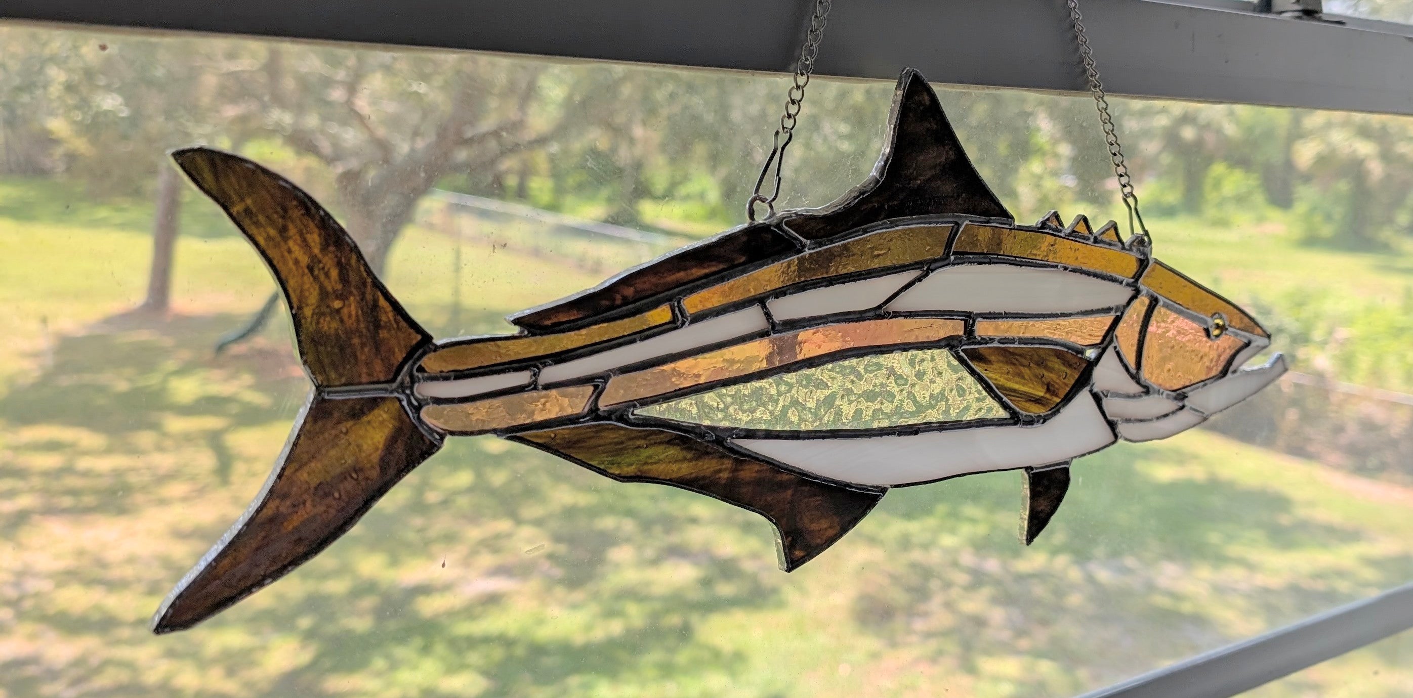 Cobia Stained Glass Suncatcher, Handmade Saltwater Fish Art, Coastal Window Hanging, Fishing Gift, Beach House Decor, 19 x 9