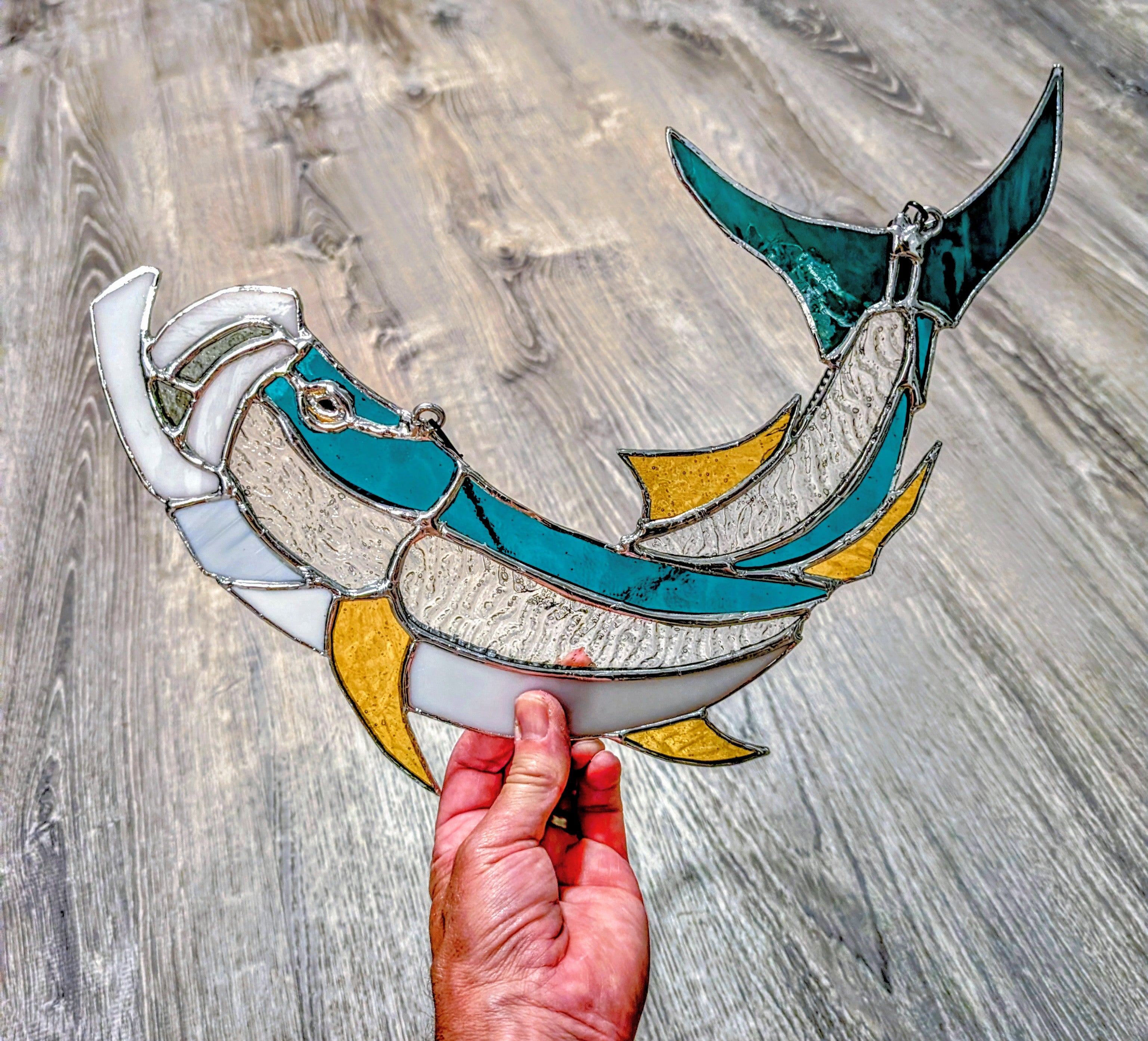 Stained Glass Tarpon Fish Suncatcher, Sportfishing Gift for Men, Coastal Beach House Window Decor, Florida Fly Fishing Art Panel (12W x 13H)