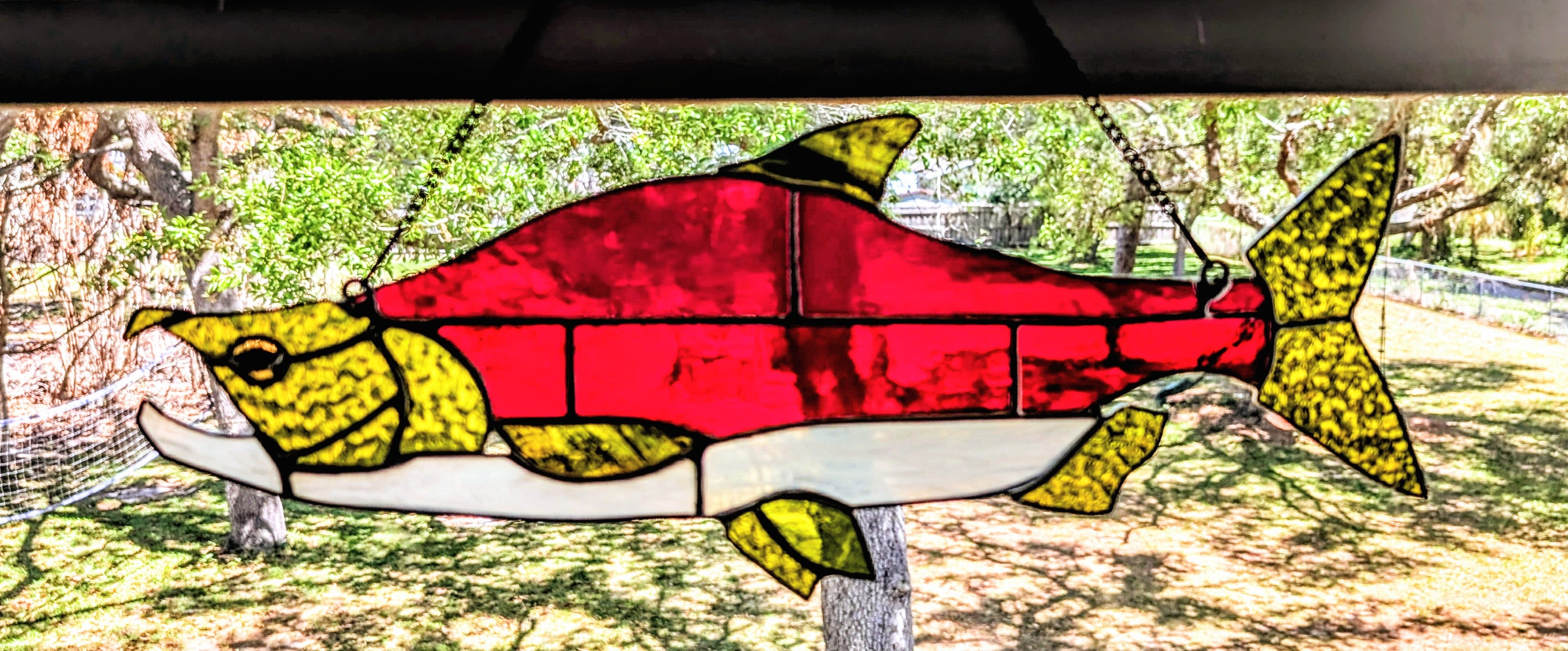 Stained Glass Sockeye Salmon Suncatcher – Vibrant River Fish Wall Art & Lake House Decor, Freshwater Sportfishing Gift (18Wx7H)
