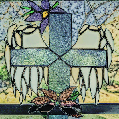 Stained Glass Cross with Angel Wings & Flowers (9W x 11H)
