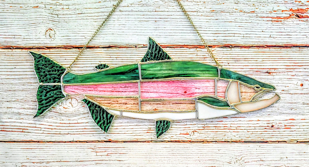 Stained Glass Lake Trout Suncatcher, Freshwater Fishing Gift for Men, Great Lakes Cabin Window Decor, Lake House Luxury Art Panel (20x8)