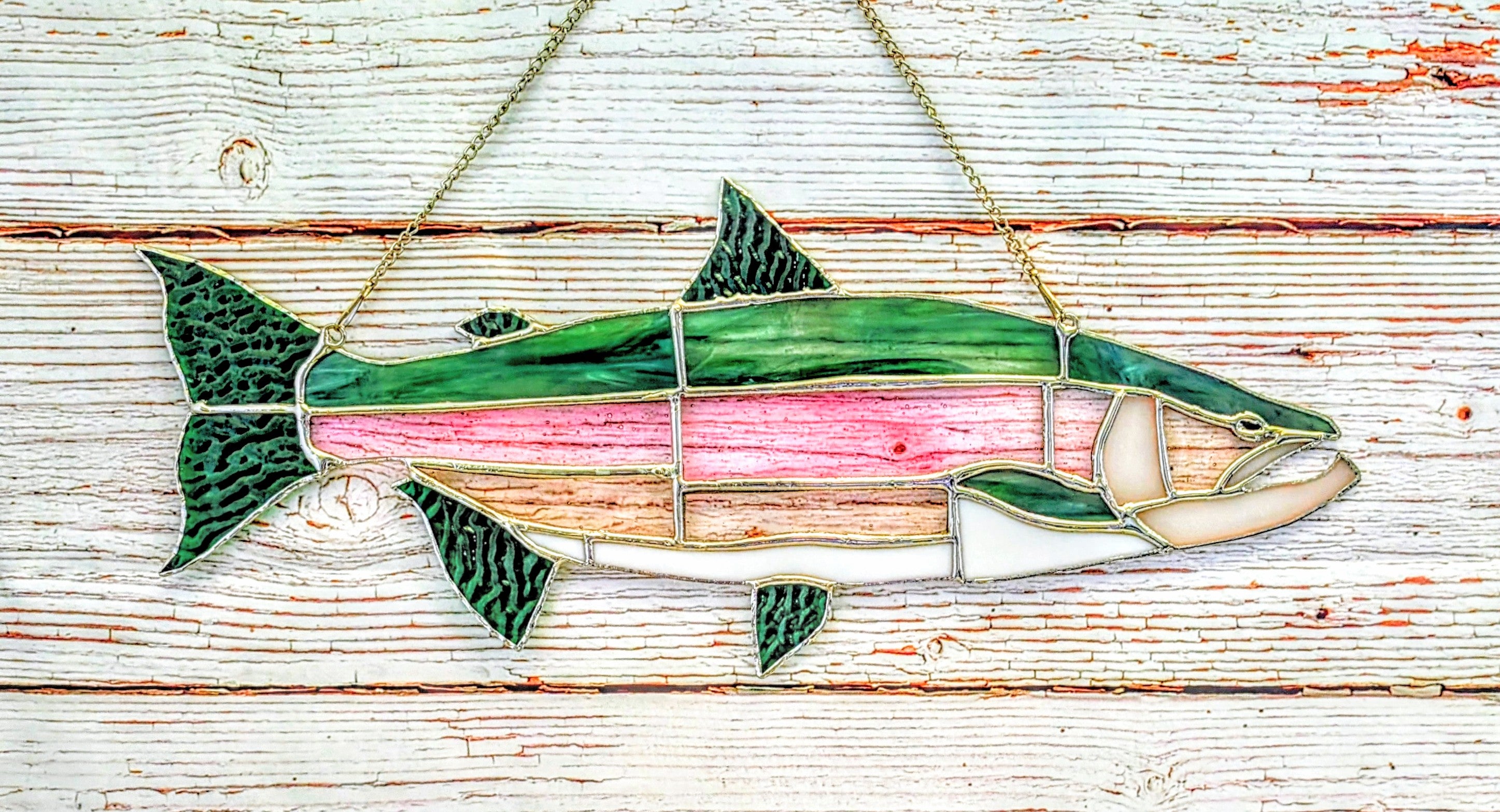 Stained Glass Lake Trout Suncatcher, Freshwater Fishing Gift for Men, Great Lakes Cabin Window Decor, Lake House Luxury Art Panel (20x8)