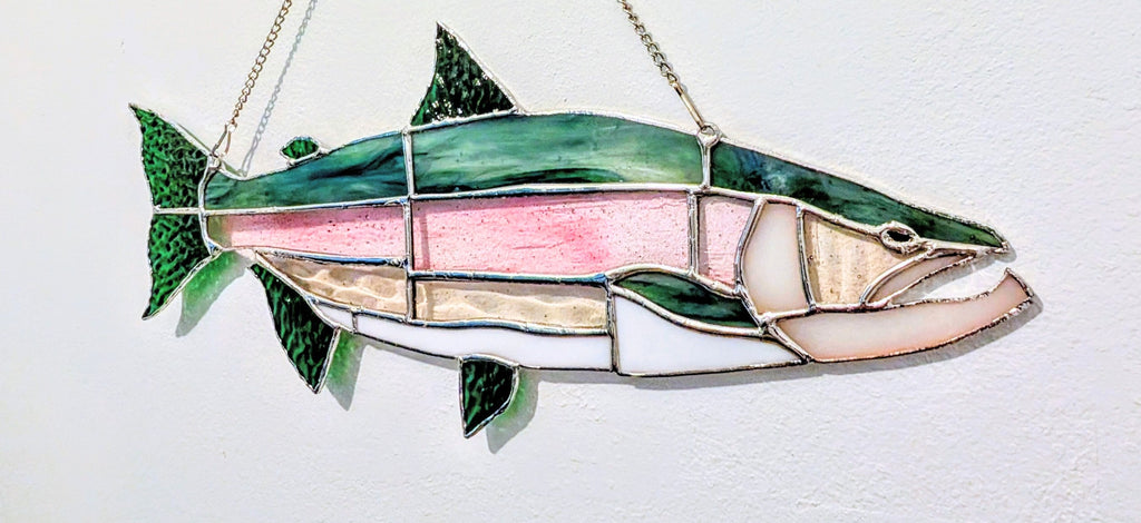 Stained Glass Lake Trout Suncatcher, Freshwater Fishing Gift for Men, Great Lakes Cabin Window Decor, Lake House Luxury Art Panel (20x8)