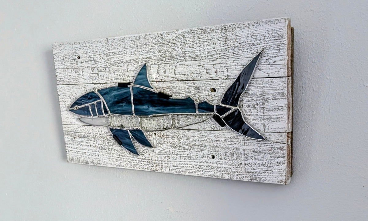 Stained Glass Great White Shark on Driftwood Mount (21W x 10H)