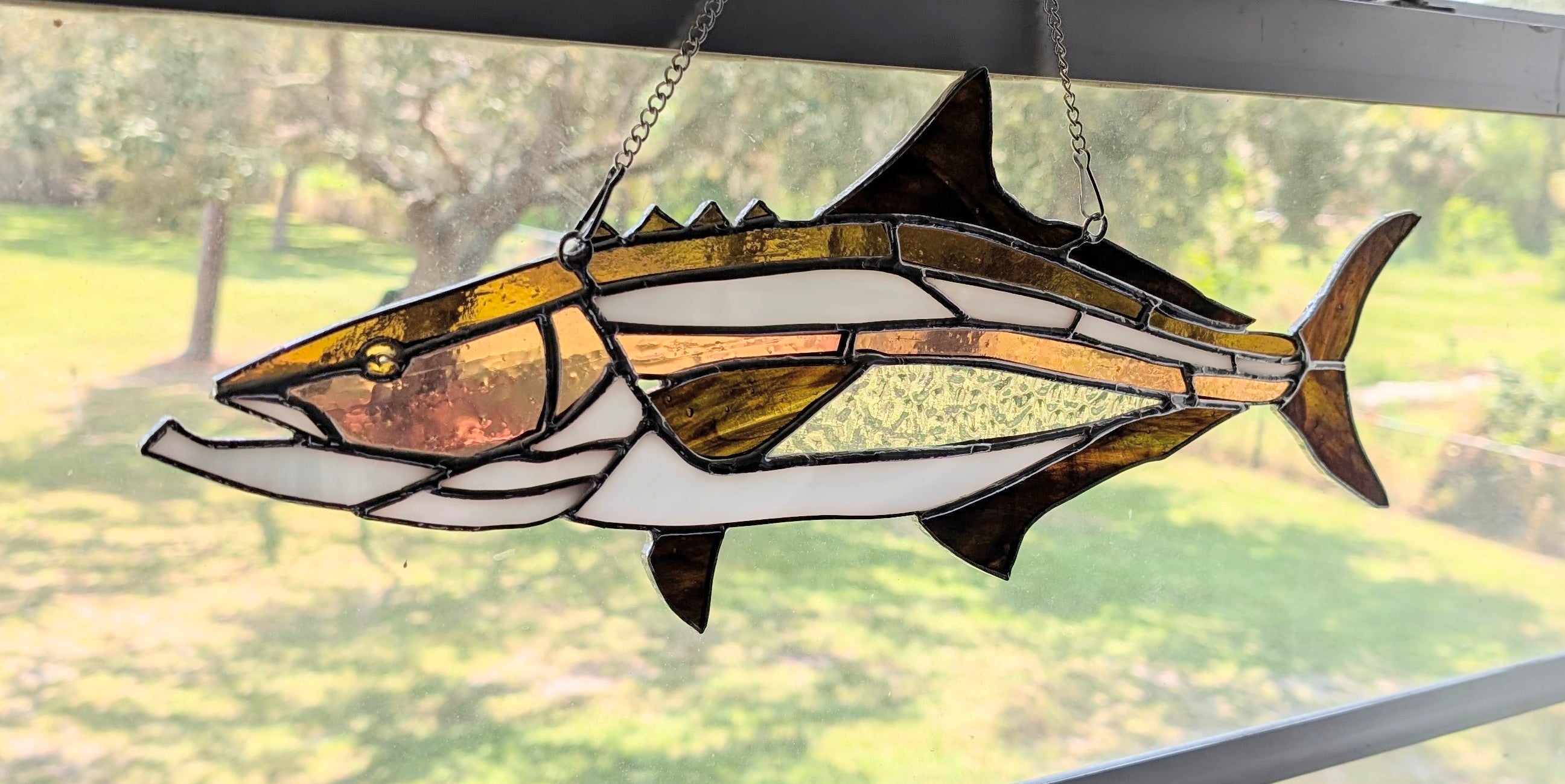 Cobia Stained Glass Suncatcher, Handmade Saltwater Fish Art, Coastal Window Hanging, Fishing Gift, Beach House Decor, 19 x 9