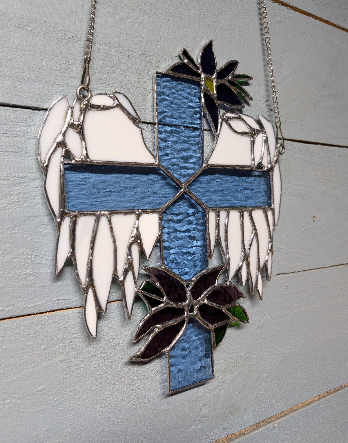 Stained Glass Cross with Angel Wings & Flowers (9W x 11H)