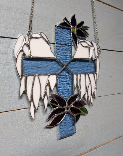 Stained Glass Cross with Angel Wings & Flowers (9W x 11H)