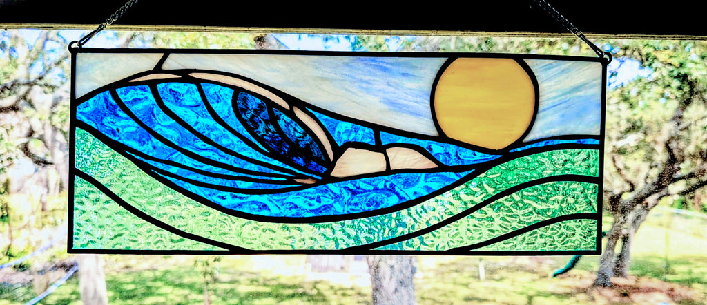 Handmade Stained Glass Ocean Wave Window Panel - Sunset Seascape Landscape Wall Art - 16x7 Luxury Coastal Beach House Decor