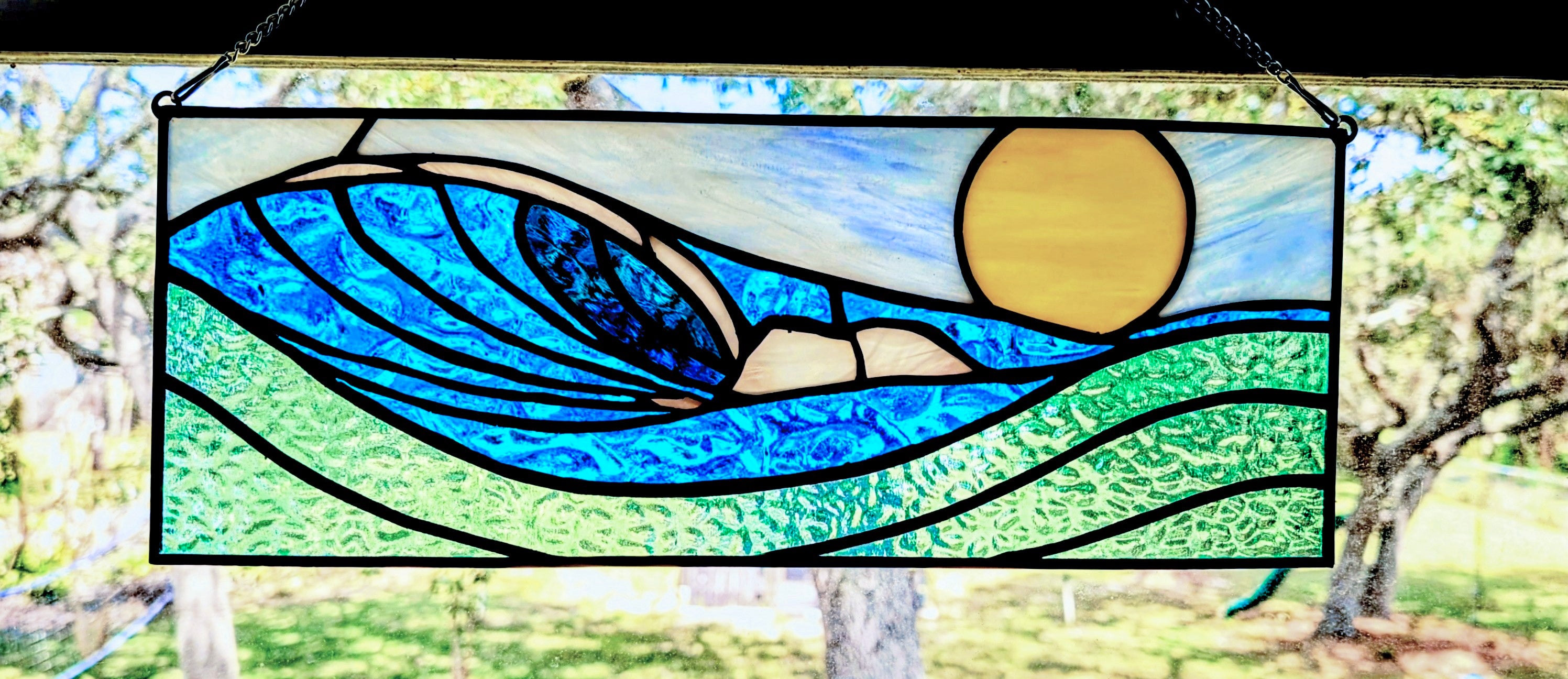 Handmade Stained Glass Ocean Wave Window Panel - Sunset Seascape Landscape Wall Art - 16x7 Luxury Coastal Beach House Decor