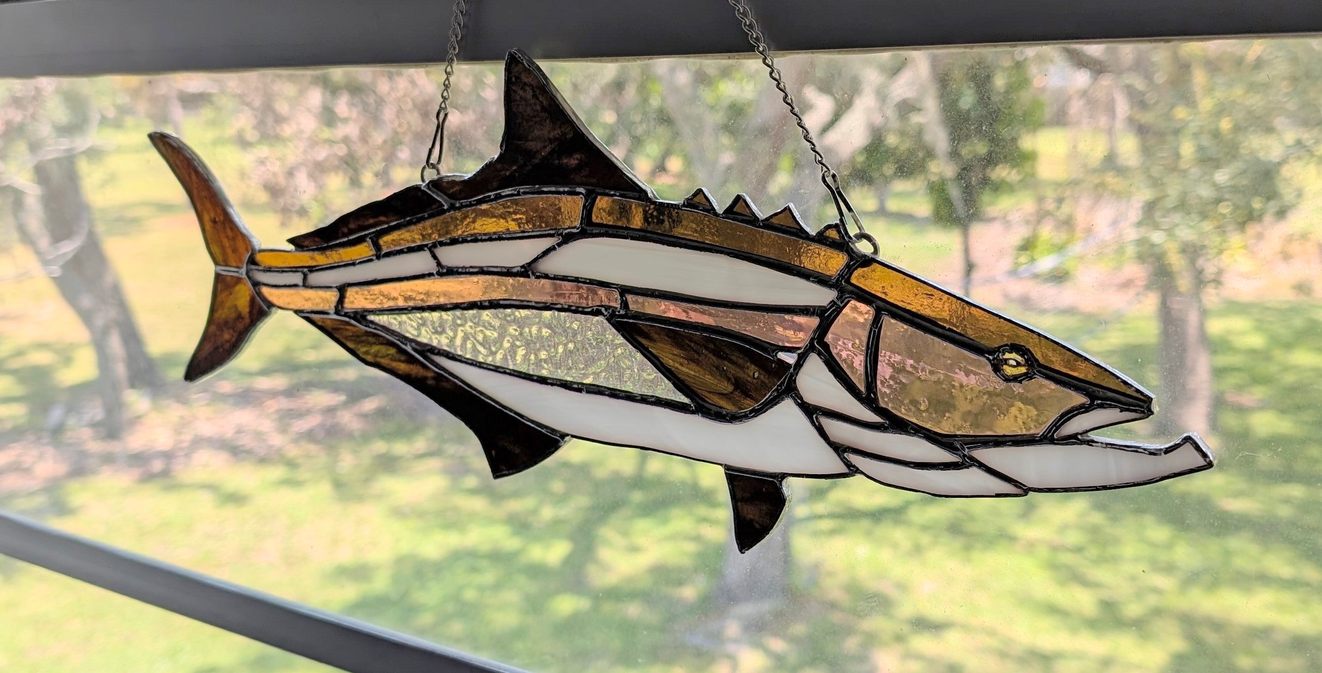 Cobia Stained Glass Suncatcher, Handmade Saltwater Fish Art, Coastal Window Hanging, Fishing Gift, Beach House Decor, 19 x 9