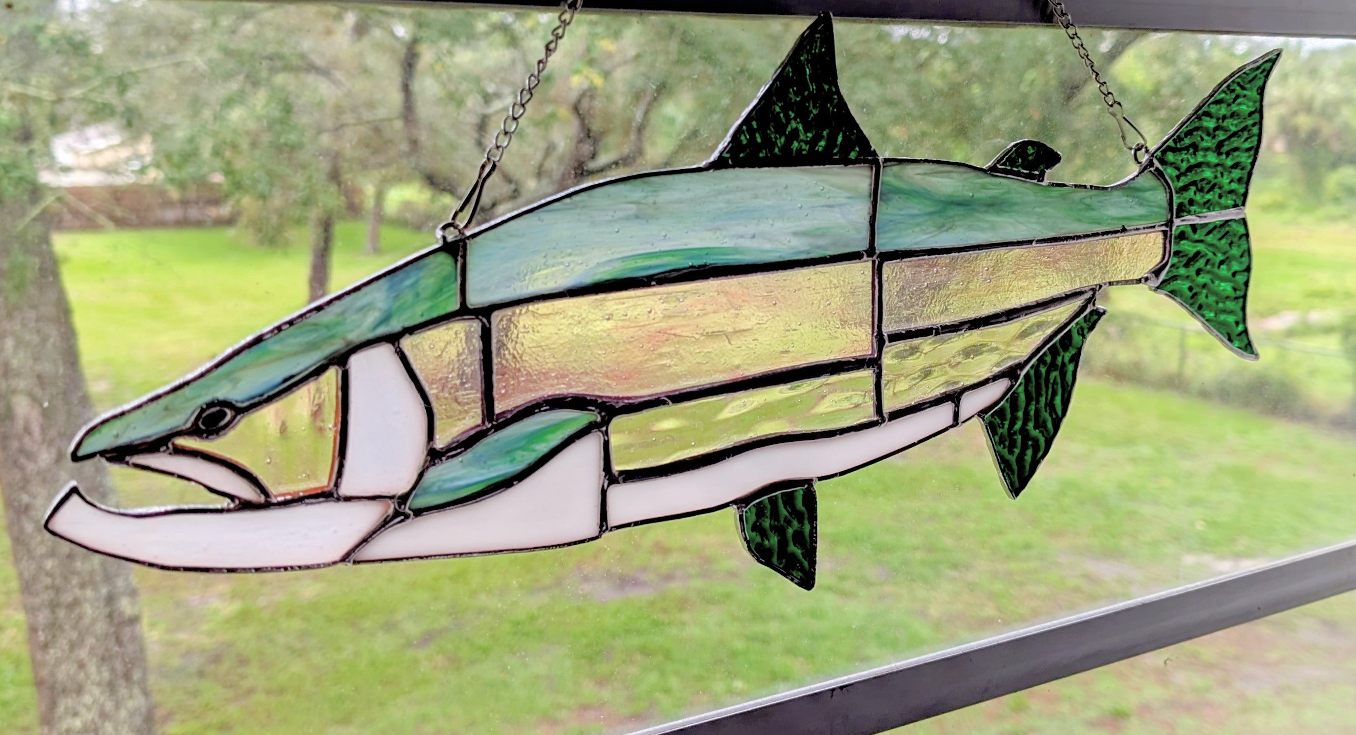 Stained Glass Lake Trout Suncatcher, Freshwater Fishing Gift for Men, Great Lakes Cabin Window Decor, Lake House Luxury Art Panel (20x8)