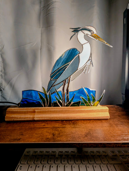 Stained Glass Blue Heron with Marsh and Water, Freestanding 5 piece set