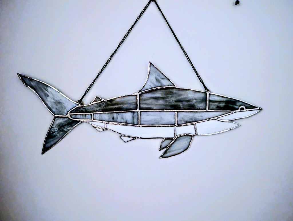 Stained Glass Mako Shark Suncatcher, Saltwater Fishing Gift, Modern Beach House Window Art, Coastal Marine Wildlife Decor Panel (21x7)