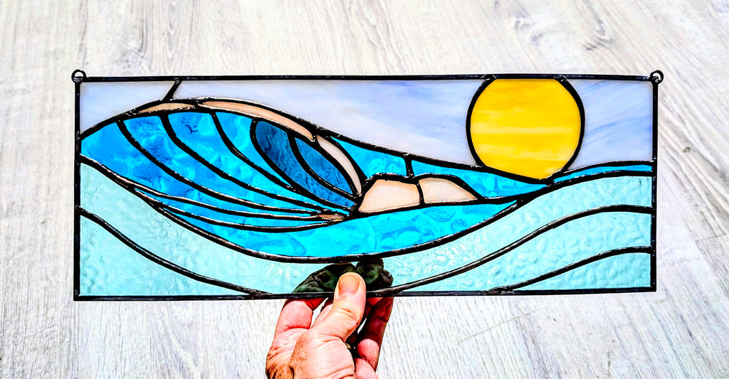 Handmade Stained Glass Ocean Wave Window Panel - Sunset Seascape Landscape Wall Art - 16x7 Luxury Coastal Beach House Decor