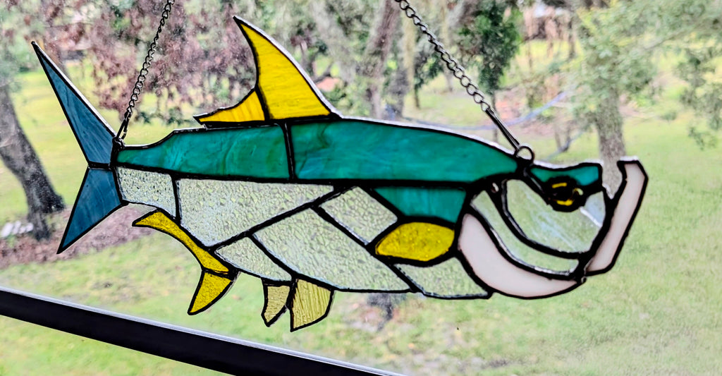 Stained Glass Tarpon Fish Suncatcher, Sportfishing Gift, Coastal Beach House Window Decor, Florida Fly Fishing Art Panel (16W x 7H)