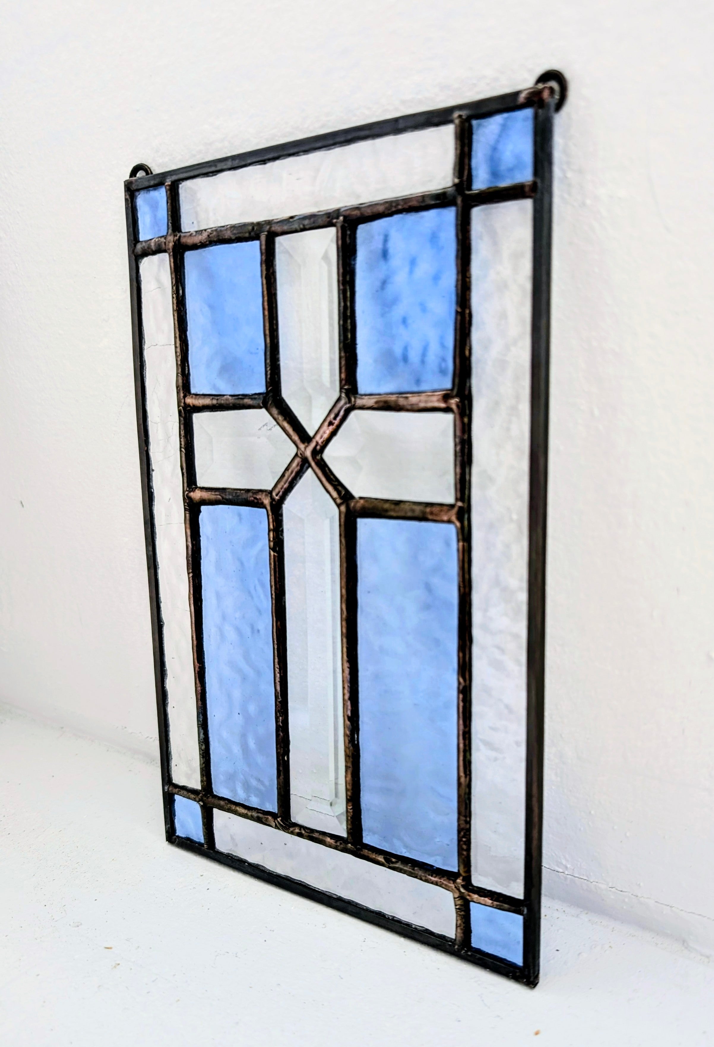 Stained Glass Beveled Cross Panel, Handmade Christian Window Hanging,  Blue & Clear Glass Suncatcher, Came Border Faith Decor or Gift, 6x9