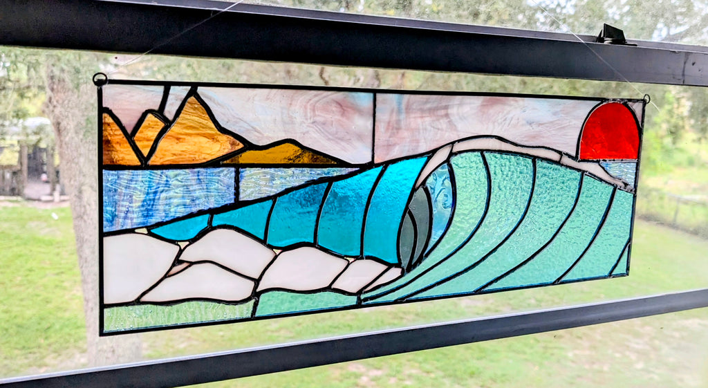 Handmade Stained Glass Ocean Wave Window Panel - Sunset Seascape Landscape Wall Art - 21x8 Luxury Coastal Beach House Decor