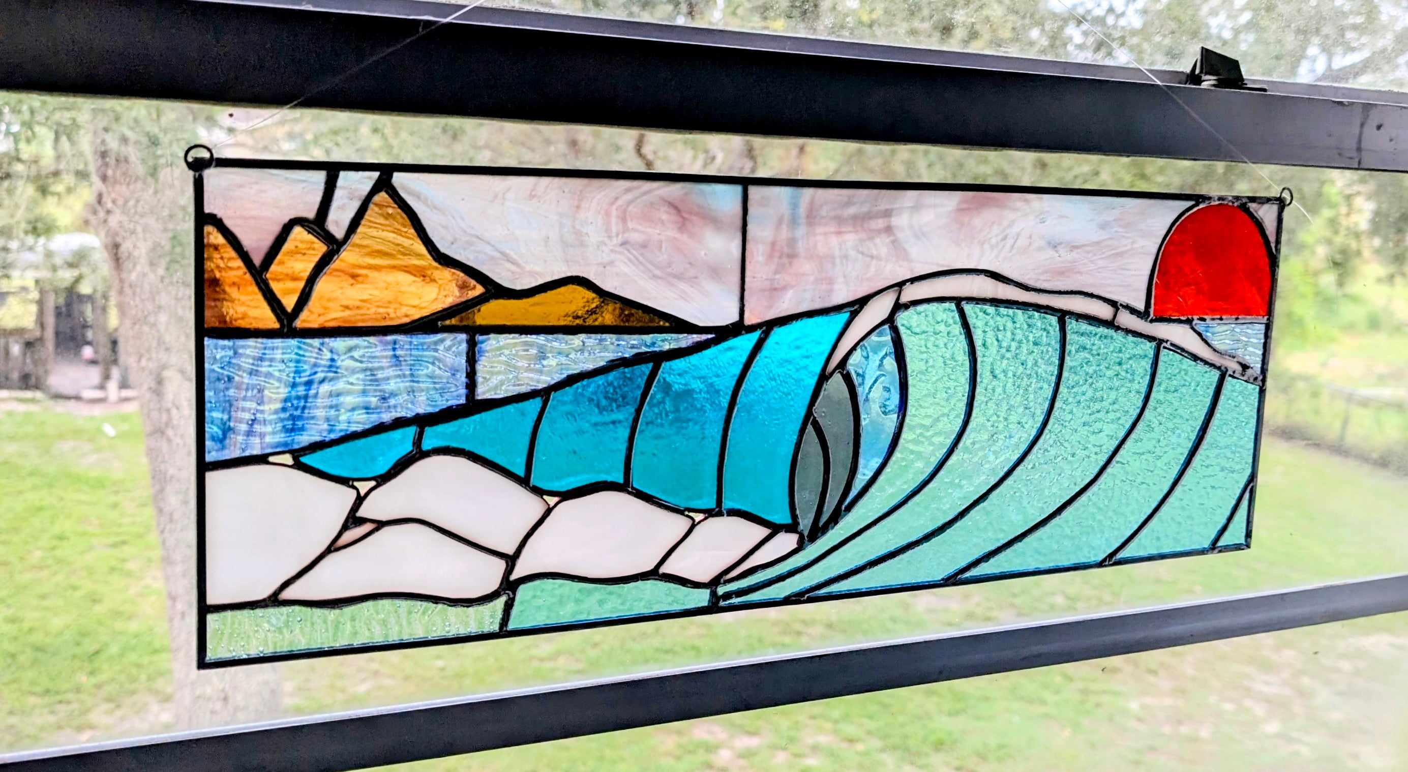 Handmade Stained Glass Ocean Wave Window Panel - Sunset Seascape Landscape Wall Art - 21x8 Luxury Coastal Beach House Decor