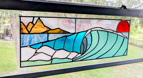Handmade Stained Glass Ocean Wave Window Panel - Sunset Seascape Landscape Wall Art - 21x8 Luxury Coastal Beach House Decor
