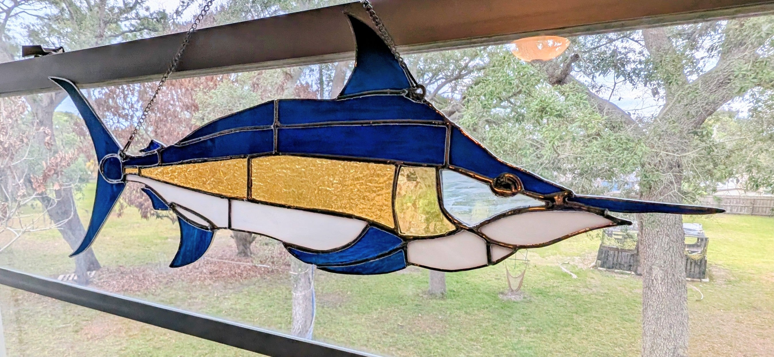 Large Stained Glass Marlin Suncatcher, Offshore Sportfishing Wall Art, Deep Sea Fisherman Gift for Men, Coastal House Decor (25x9)