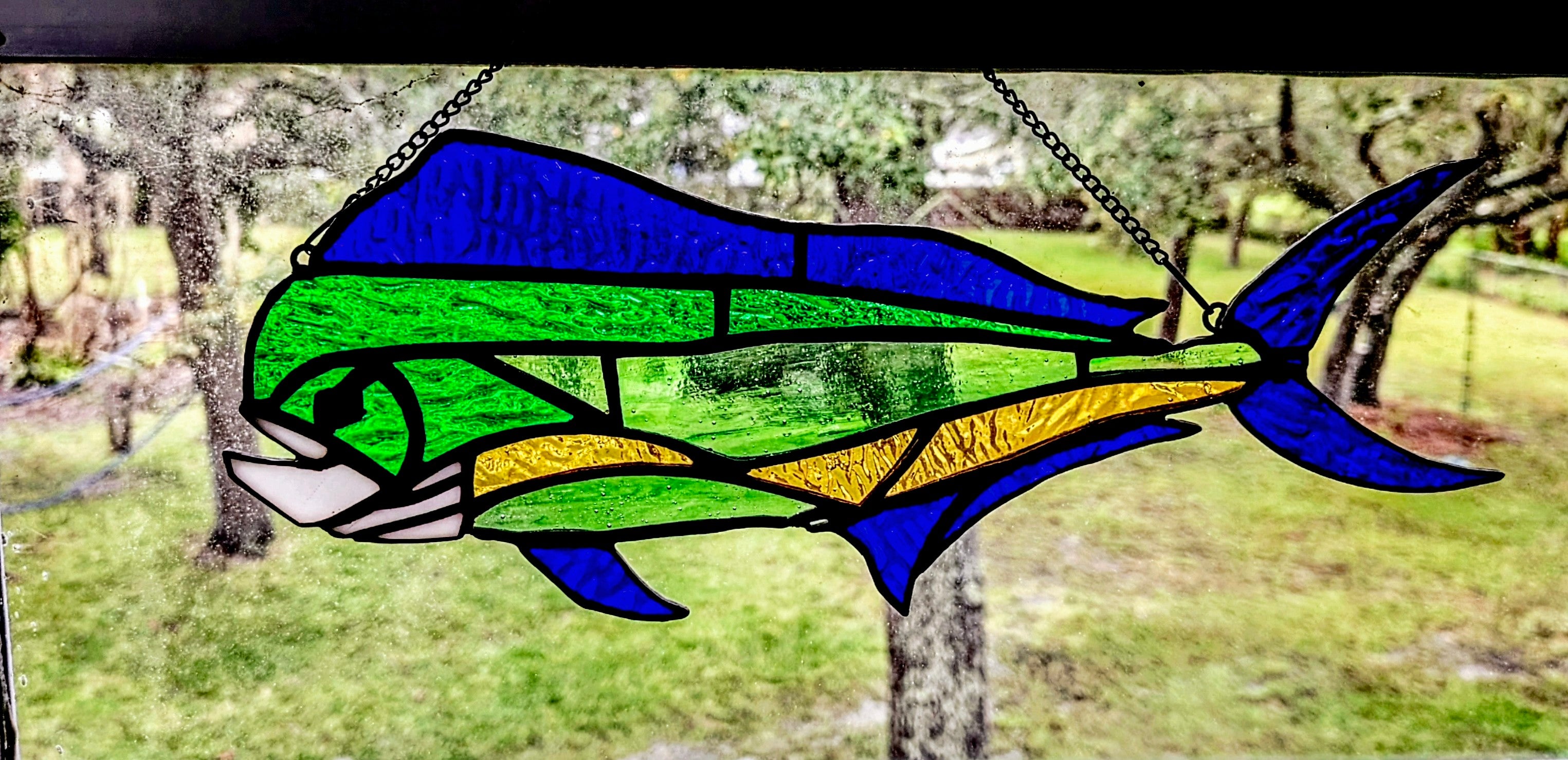 Stained Glass Mahi Mahi Fish Suncatcher, Coastal Window Art Hanging Panel, Saltwater Sportfish Wall Decor, Coastal Window Hanging, 17W x 8H