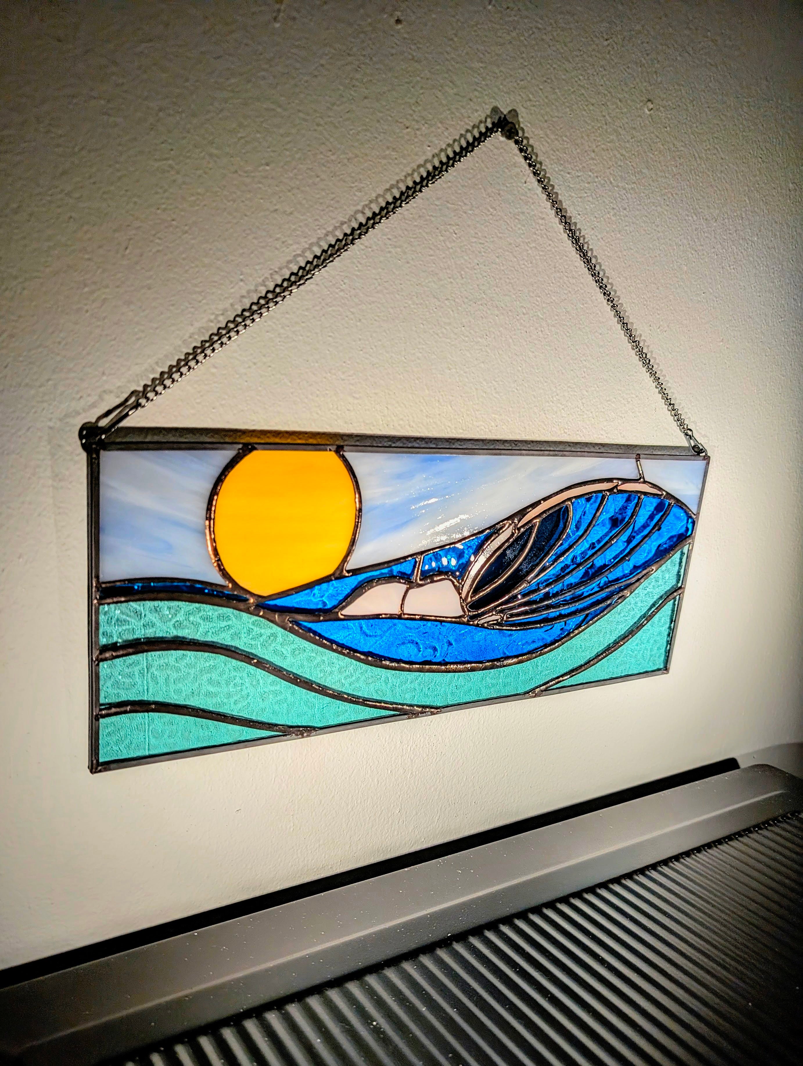 Handmade Stained Glass Ocean Wave Window Panel - Sunset Seascape Landscape Wall Art - 16x7 Luxury Coastal Beach House Decor