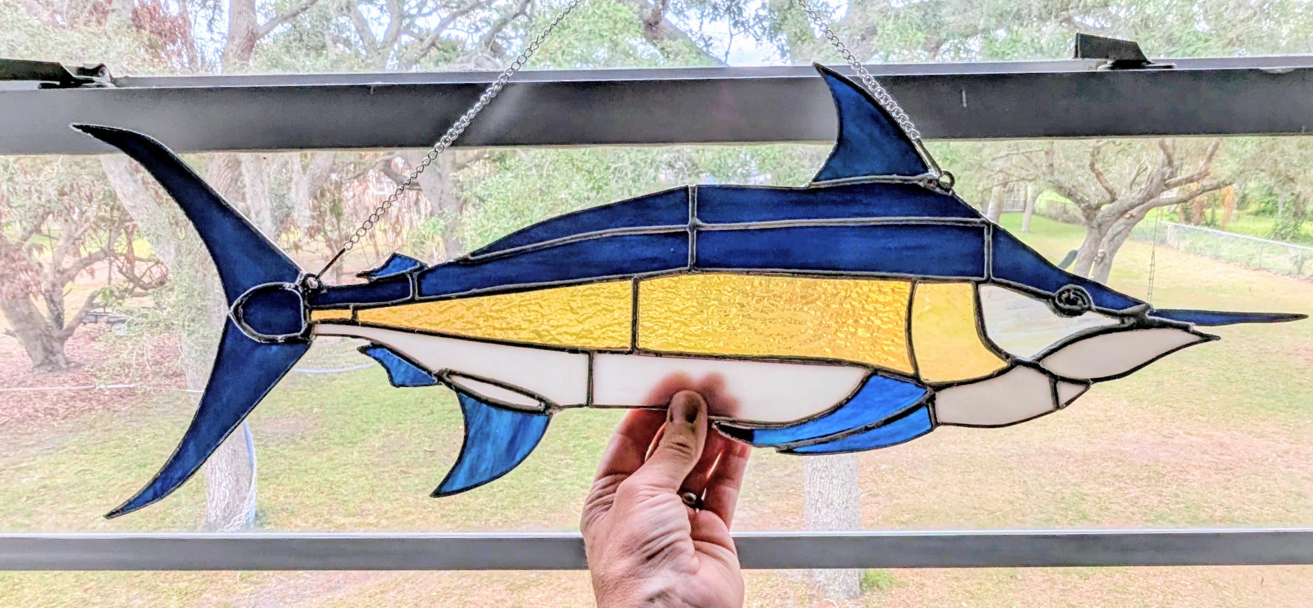 Large Stained Glass Marlin Suncatcher, Offshore Sportfishing Wall Art, Deep Sea Fisherman Gift for Men, Coastal House Decor (25x9)