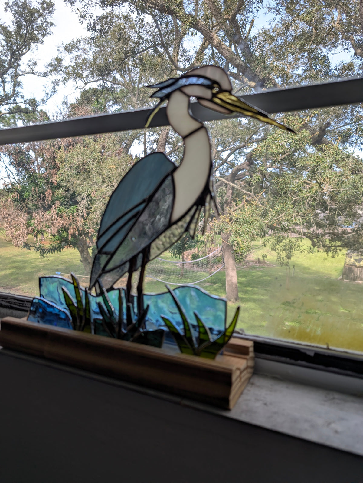 Stained Glass Blue Heron with Marsh and Water, Freestanding 5 piece set