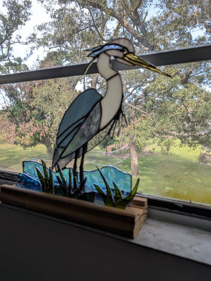 Stained Glass Blue Heron with Marsh and Water, Freestanding 5 piece set