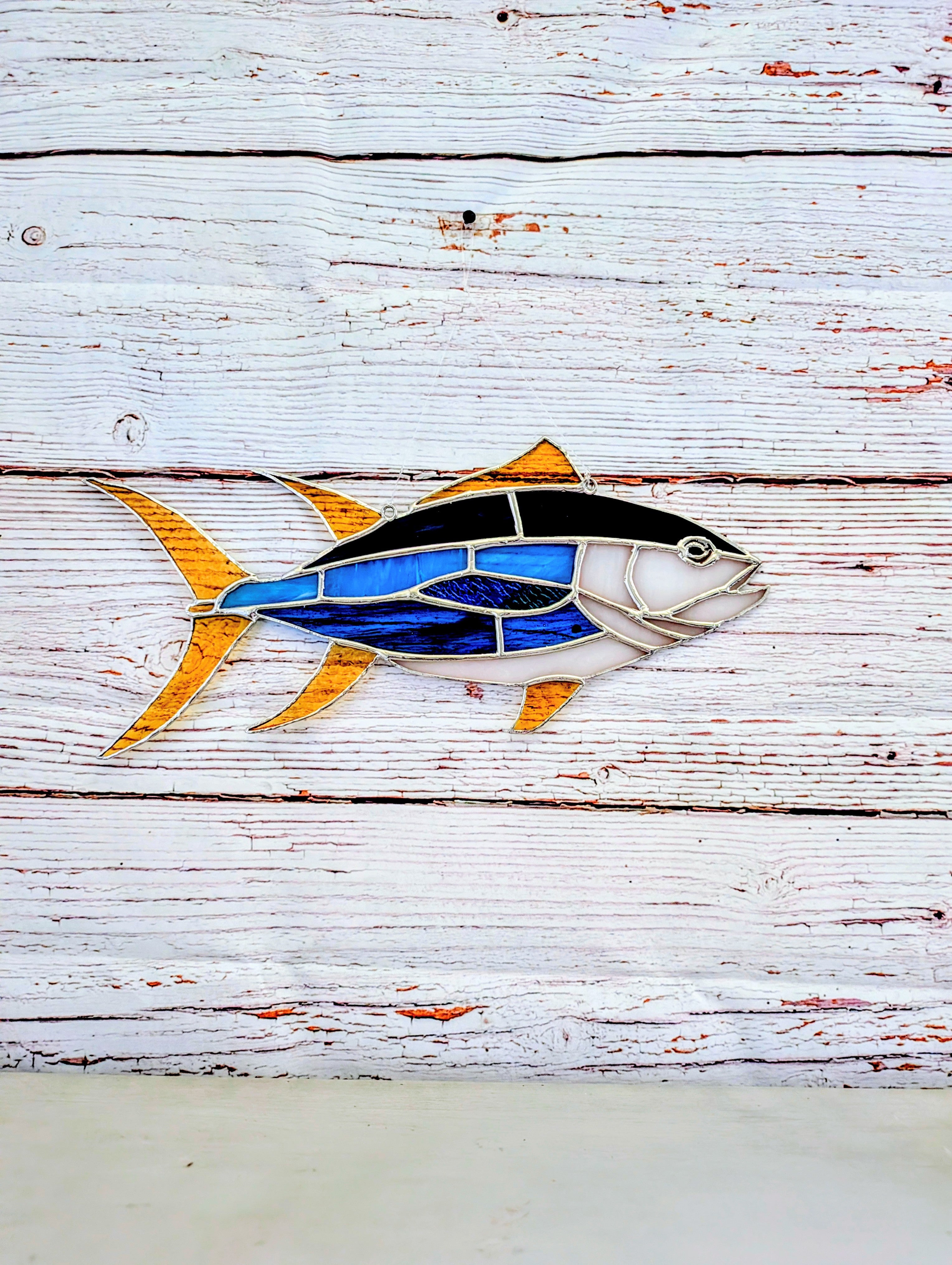 Yellowfin Tuna Stained Glass Suncatcher, Handmade Fishing Wall Art, Ahi Tuna Decor, Fisherman Gift, Coastal Beach House Decor, 17 x 7