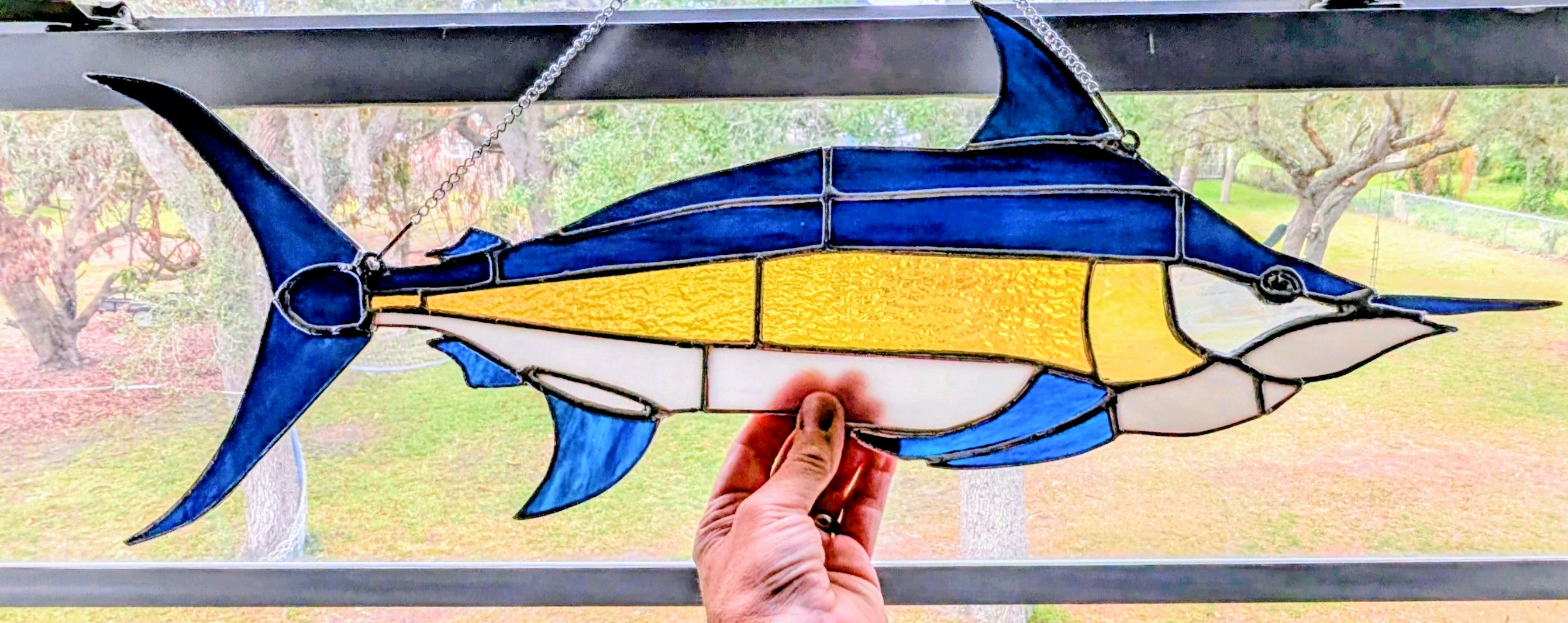 Large Stained Glass Marlin Suncatcher, Offshore Sportfishing Wall Art, Deep Sea Fisherman Gift for Men, Coastal House Decor (25x9)
