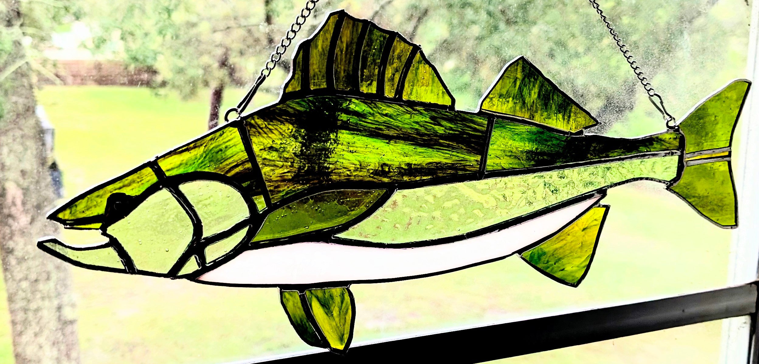 Stained Glass Walleye Fish Suncatcher, Freshwater Sportfishing Home Decor, Cabin Window Decor, Lake House Luxury Art Panel (18x8)