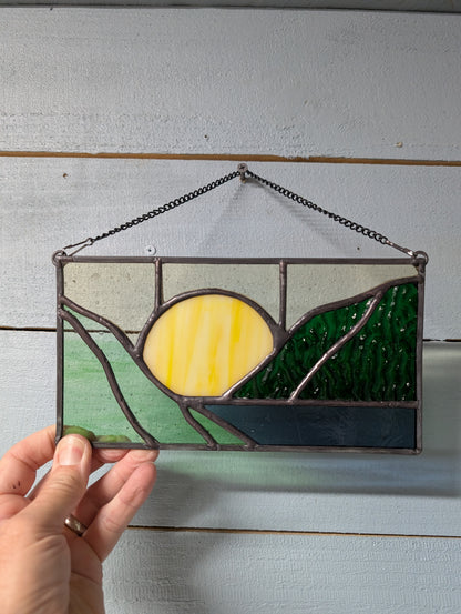 Stained Glass Boho Mountain Suncatcher Panel (8.5x4.5)