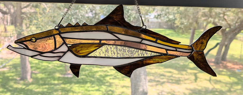 Cobia Stained Glass Suncatcher, Handmade Saltwater Fish Art, Coastal Window Hanging, Fishing Gift, Beach House Decor, 19 x 9