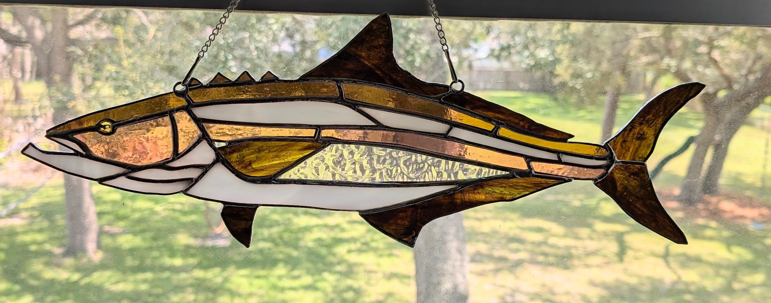 Cobia Stained Glass Suncatcher, Handmade Saltwater Fish Art, Coastal Window Hanging, Fishing Gift, Beach House Decor, 19 x 9