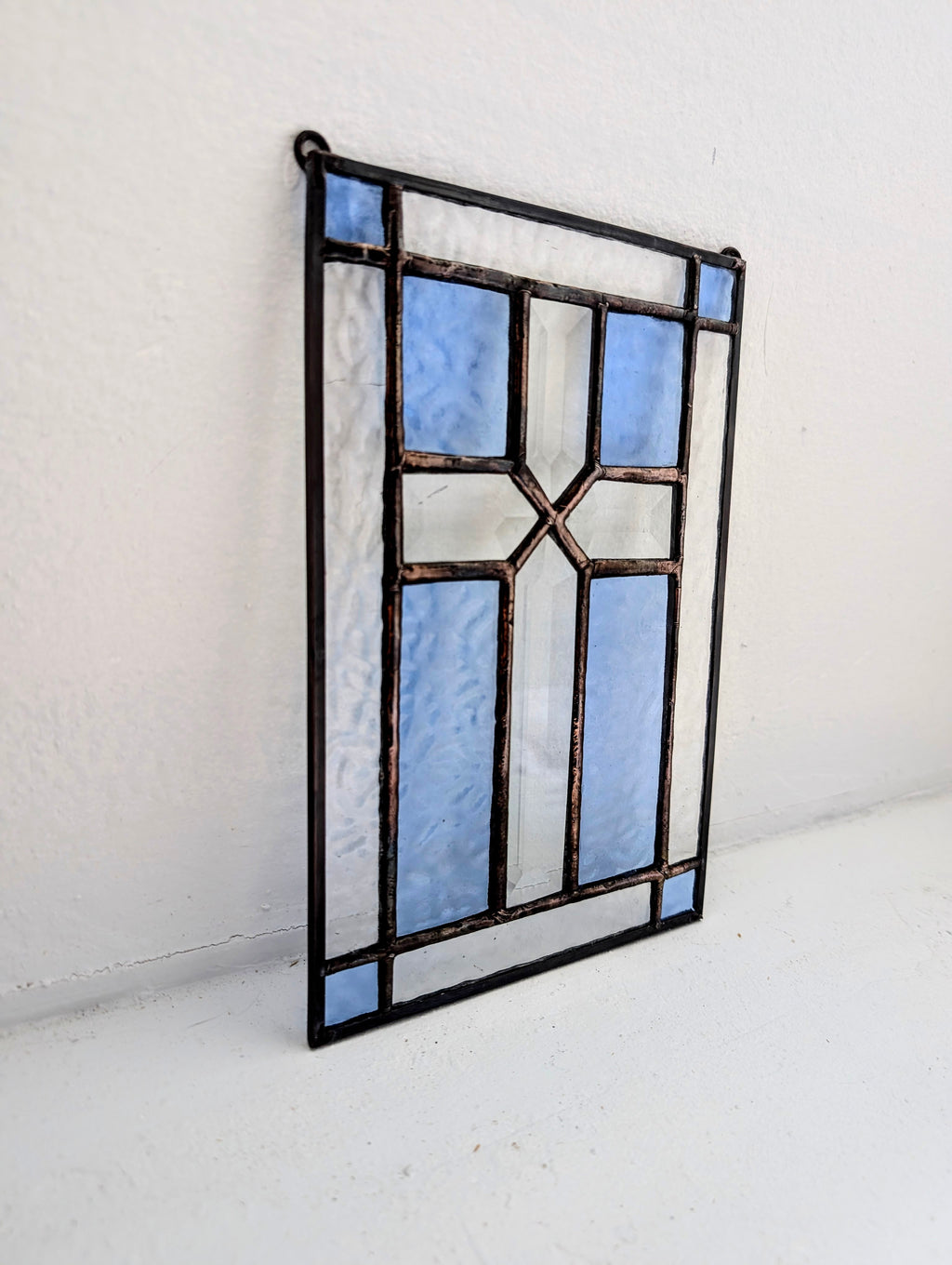 Stained Glass Beveled Cross Panel, Handmade Christian Window Hanging,  Blue & Clear Glass Suncatcher, Came Border Faith Decor or Gift, 6x9