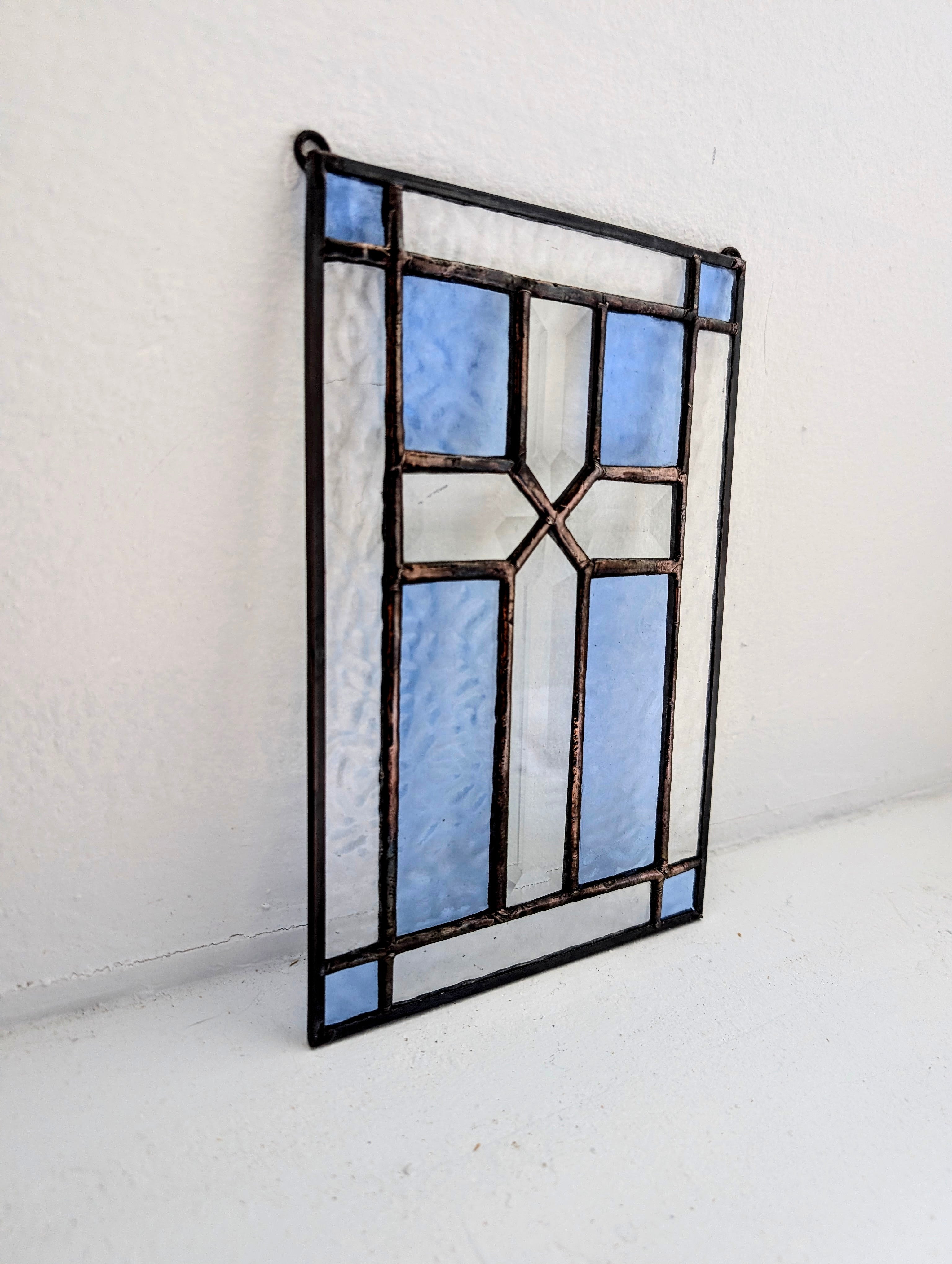 Stained Glass Beveled Cross Panel, Handmade Christian Window Hanging,  Blue & Clear Glass Suncatcher, Came Border Faith Decor or Gift, 6x9