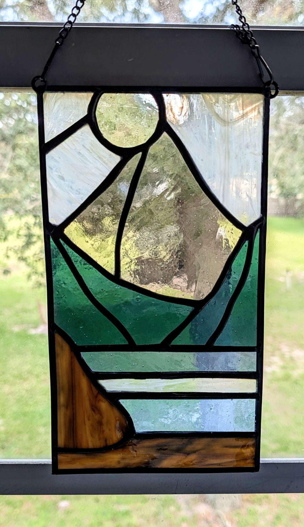 Stained Glass Mountain Suncatcher Panel, Sunset Landscape Window Hanging Art, Boho Cabin Decor, Lake House Panel Art, 5.5x8.5.