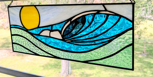 Handmade Stained Glass Ocean Wave Window Panel - Sunset Seascape Landscape Wall Art - 16x7 Luxury Coastal Beach House Decor