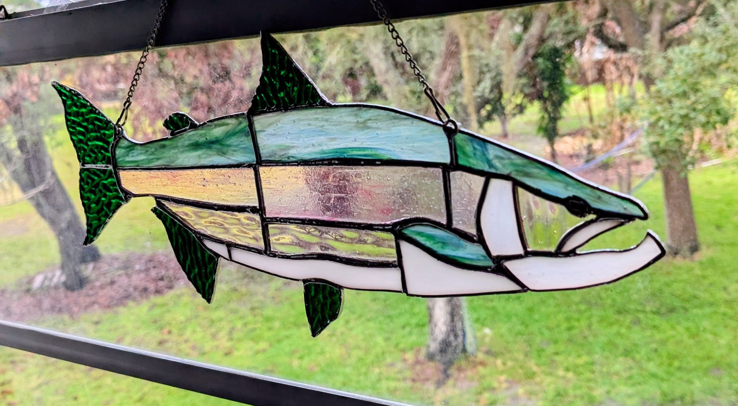 Stained Glass Lake Trout Suncatcher, Freshwater Fishing Gift for Men, Great Lakes Cabin Window Decor, Lake House Luxury Art Panel (20x8)