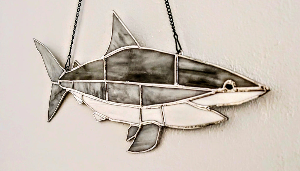 Stained Glass Mako Shark Suncatcher, Saltwater Fishing Gift, Modern Beach House Window Art, Coastal Marine Wildlife Decor Panel (21x7)