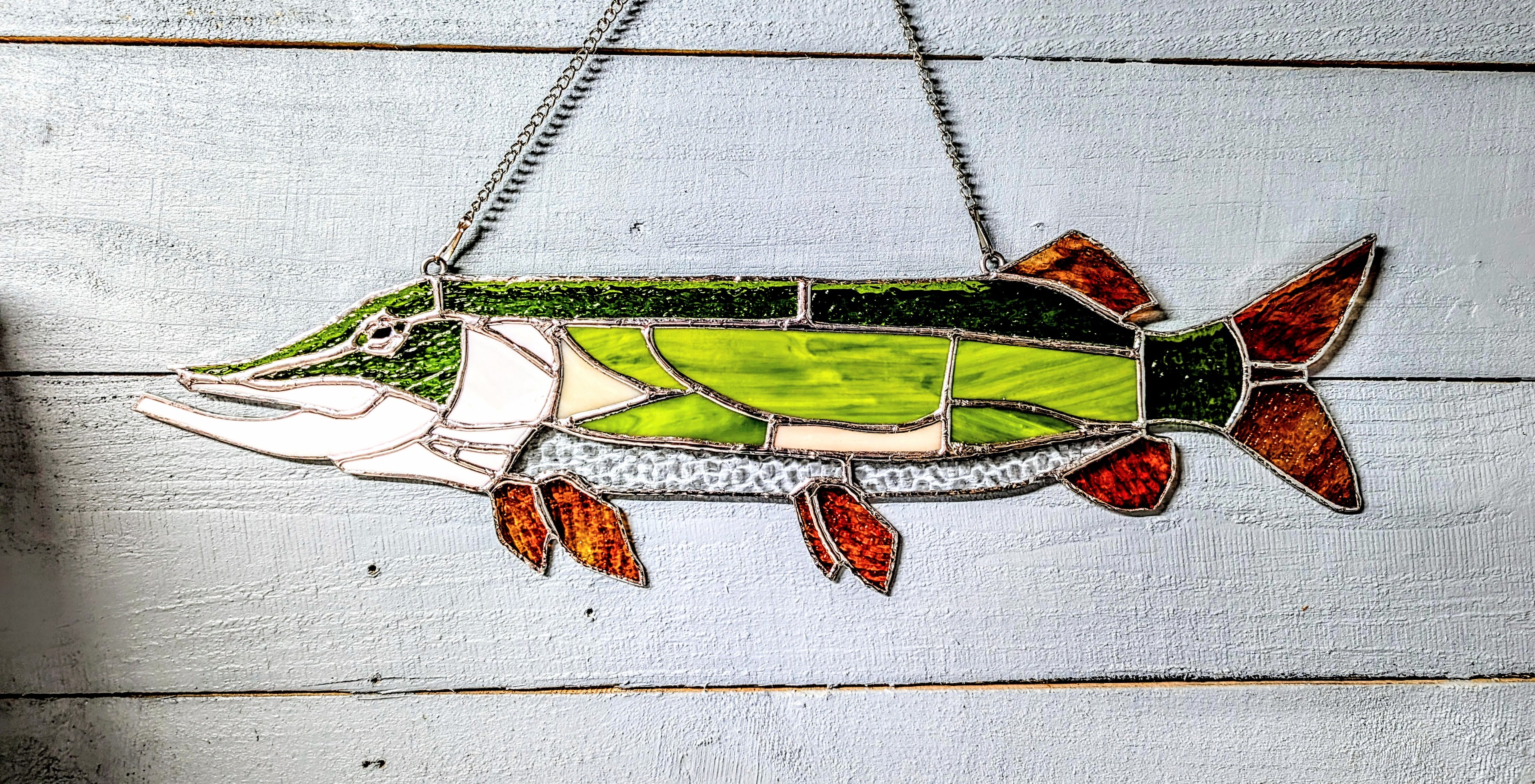 Stained Glass Northern Pike Suncatcher, Freshwater Fishing Wall Decor, Lake House Window Hanging, Fisherman Gift for Men (21x7)