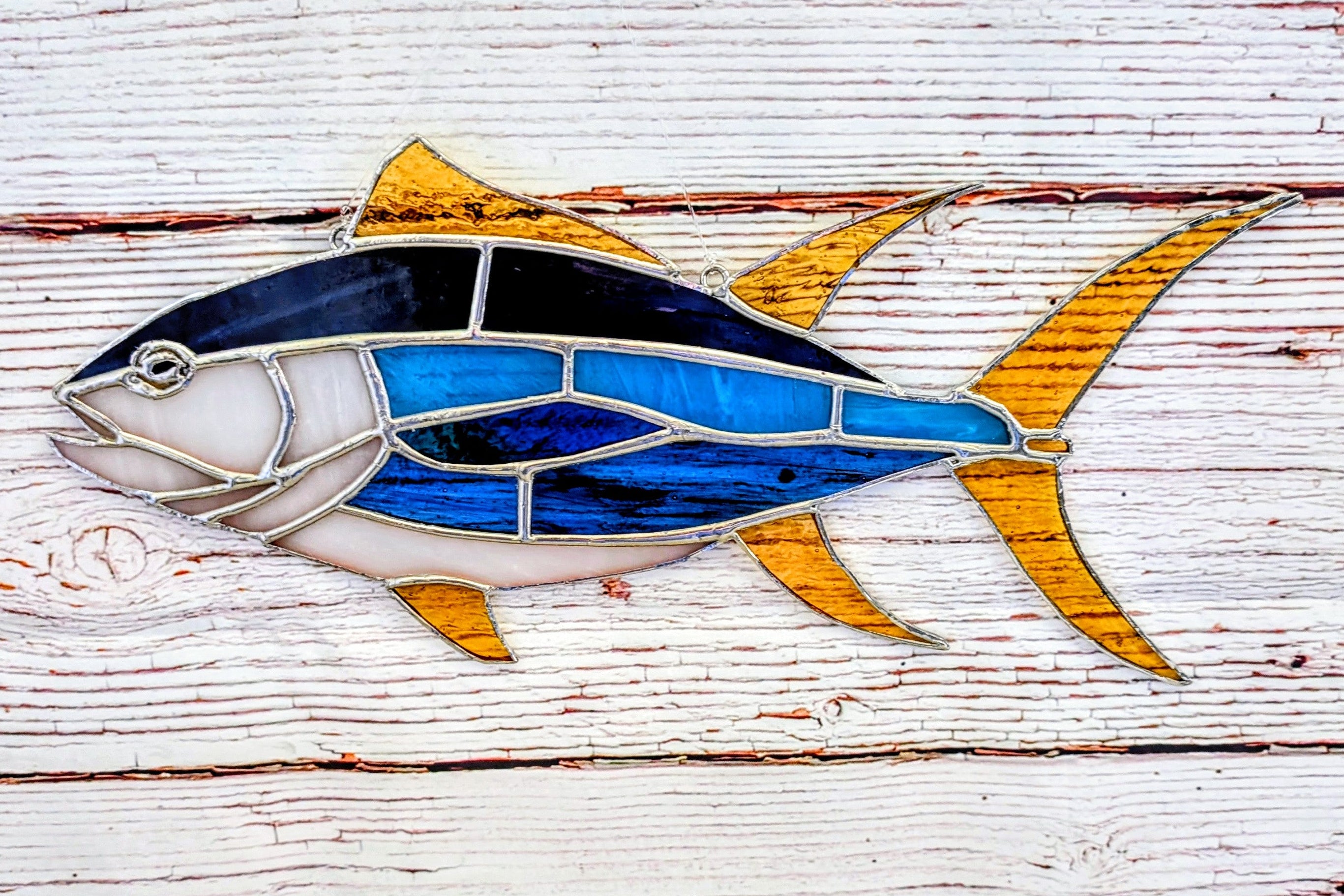 Yellowfin Tuna Stained Glass Suncatcher, Handmade Fishing Wall Art, Ahi Tuna Decor, Fisherman Gift, Coastal Beach House Decor, 17 x 7